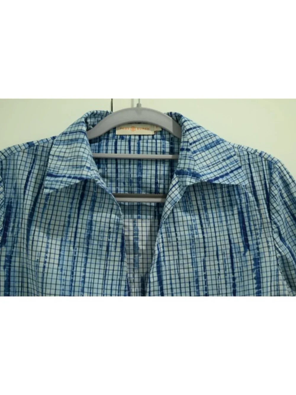 Tory Burch Collared V-Neck Blouse Sz 2 Blue Long Sleeve Printed Geometric Casual